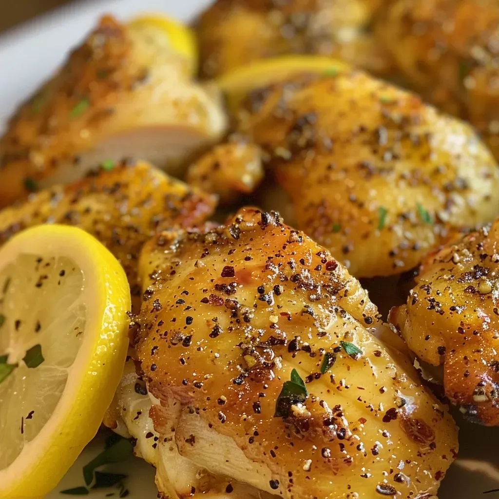 ['Juicy air fryer lemon pepper chicken breast with a golden crust.', 'Close-up view of seasoned lemon pepper chicken ready to be served.', 'Succulent chicken breasts with lemon pepper seasoning on a plate.', 'Side view of crispy air fryer chicken garnished with herbs.']