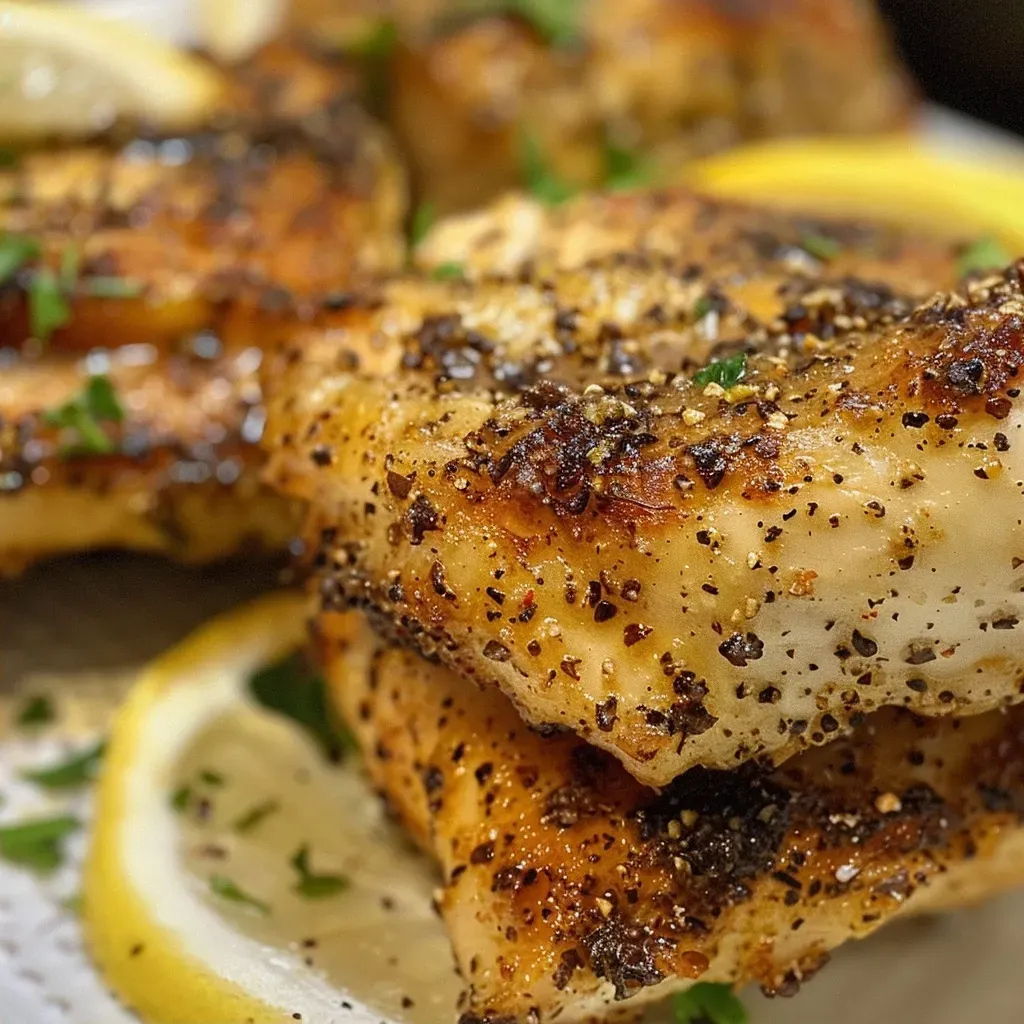 ['Juicy air fryer lemon pepper chicken breast with a golden crust.', 'Close-up view of seasoned lemon pepper chicken ready to be served.', 'Succulent chicken breasts with lemon pepper seasoning on a plate.', 'Side view of crispy air fryer chicken garnished with herbs.']