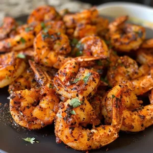 ['Close-up of juicy Air Fryer Mexican shrimp with spices.', 'Side view of cooked shrimp seasoned with chili powder and spices.', 'Plump shrimp in an air fryer basket, garnished with spices.', 'Juicy shrimp displayed with vibrant spices, ready to eat.']