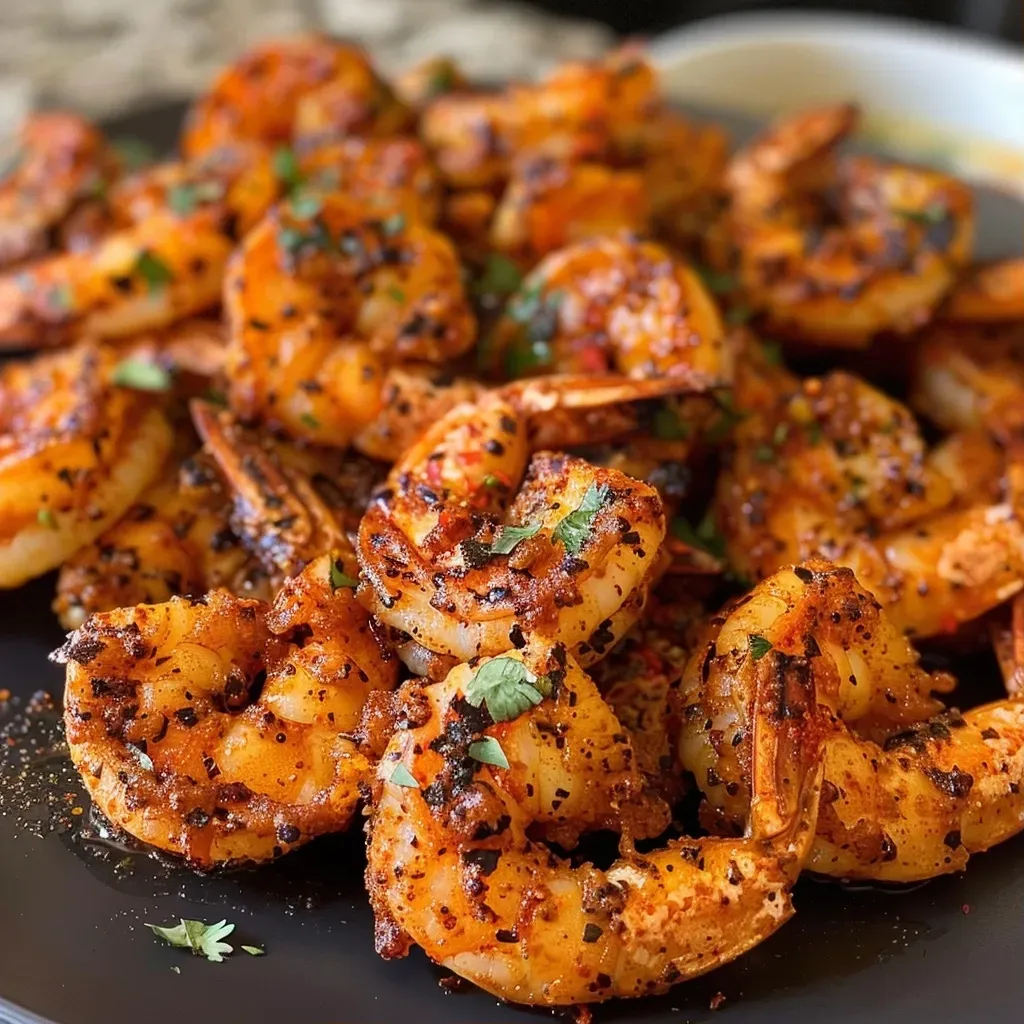 ['Close-up of juicy Air Fryer Mexican shrimp with spices.', 'Side view of cooked shrimp seasoned with chili powder and spices.', 'Plump shrimp in an air fryer basket, garnished with spices.', 'Juicy shrimp displayed with vibrant spices, ready to eat.']