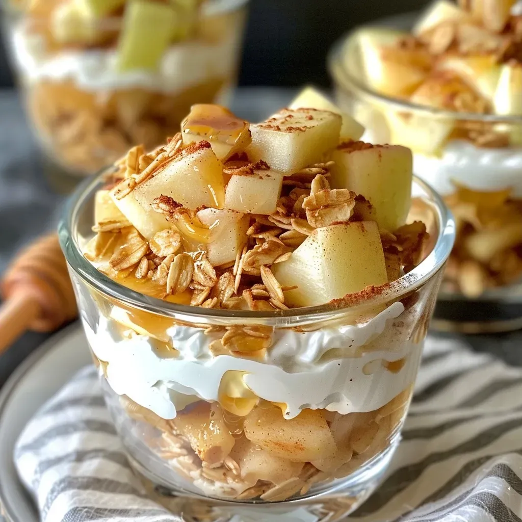 ['A close-up side view of a layered apple cinnamon Greek yogurt parfait with diced apples on top.', 'An iPhone photo showcasing a Greek yogurt parfait filled with apples, cinnamon, and honey.', 'A delicious apple cinnamon Greek yogurt parfait layered in a clear glass, garnished with additional cinnamon.', 'A vibrant side view of a breakfast parfait featuring Greek yogurt, apples, and a sprinkle of cinnamon.']
