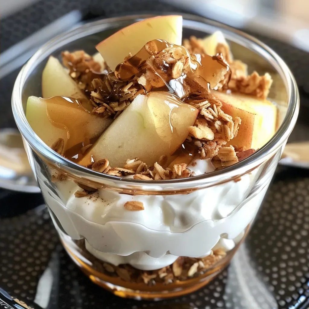 ['A close-up side view of a layered apple cinnamon Greek yogurt parfait with diced apples on top.', 'An iPhone photo showcasing a Greek yogurt parfait filled with apples, cinnamon, and honey.', 'A delicious apple cinnamon Greek yogurt parfait layered in a clear glass, garnished with additional cinnamon.', 'A vibrant side view of a breakfast parfait featuring Greek yogurt, apples, and a sprinkle of cinnamon.']