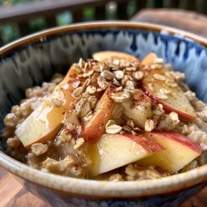['Close-up of a bowl of Apple Cinnamon Oatmeal topped with pecans and apple slices.', 'Side view of delicious Apple Cinnamon Oatmeal in a bowl, garnished with pecans.', 'A vibrant bowl of oatmeal featuring shredded apple, pecans, and a sprinkle of cinnamon.', 'Warm Apple Cinnamon Oatmeal topped with toasted pecans and fresh apple pieces.']