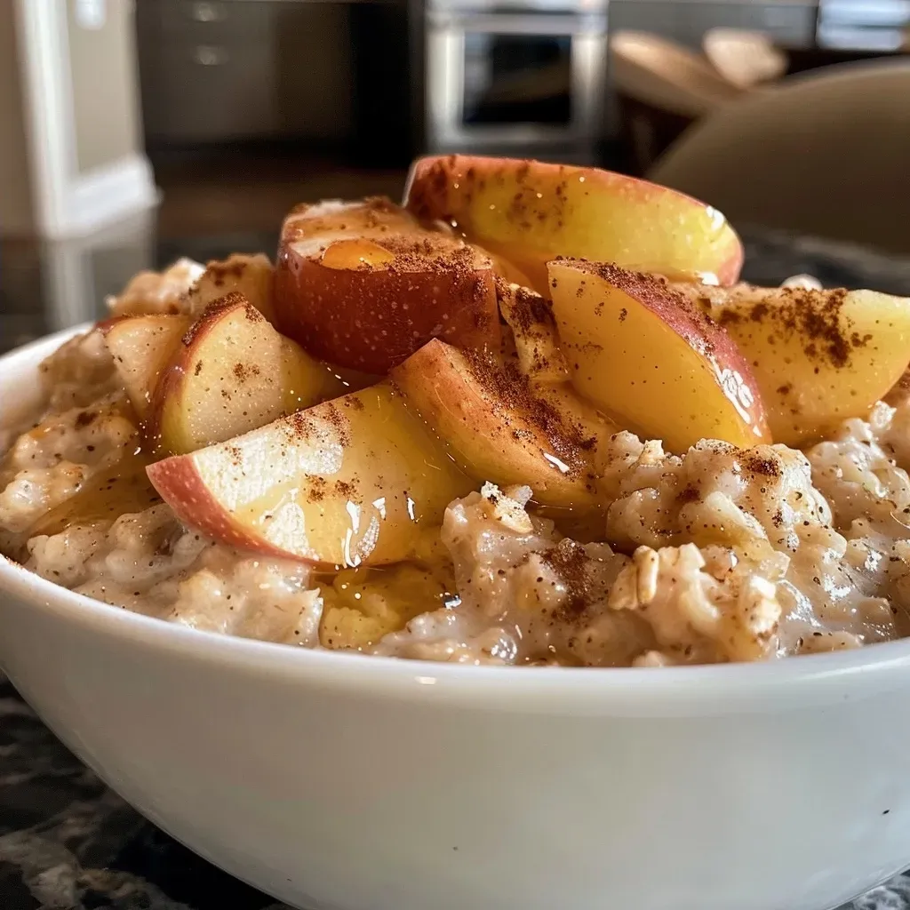 ['Close-up of a bowl of Apple Cinnamon Oatmeal topped with pecans and apple slices.', 'Side view of delicious Apple Cinnamon Oatmeal in a bowl, garnished with pecans.', 'A vibrant bowl of oatmeal featuring shredded apple, pecans, and a sprinkle of cinnamon.', 'Warm Apple Cinnamon Oatmeal topped with toasted pecans and fresh apple pieces.']