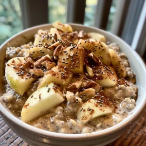 ['Close-up of apple cinnamon protein overnight oats in a glass jar.', 'Side view of creamy overnight oats topped with diced apples and nuts.', 'Layered apple cinnamon oats with chia seeds and yogurt in a bowl.', 'Healthy apple cinnamon overnight oats ready to eat, garnished with nuts.']