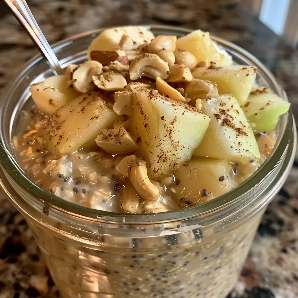 ['Close-up of apple cinnamon protein overnight oats in a glass jar.', 'Side view of creamy overnight oats topped with diced apples and nuts.', 'Layered apple cinnamon oats with chia seeds and yogurt in a bowl.', 'Healthy apple cinnamon overnight oats ready to eat, garnished with nuts.']