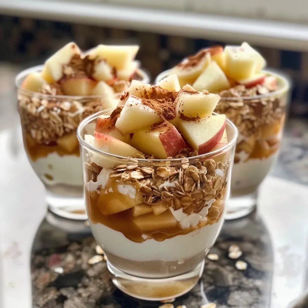 ['Close-up side view of a layered Apple Cinnamon Yogurt Parfait in a clear glass.', 'Juicy Apple Cinnamon Yogurt Parfait with granola and chopped apples visible in a glass.', 'Vibrant Apple Cinnamon Yogurt Parfait showcasing vanilla yogurt and cinnamon-spiced layers.', 'A mouthwatering Apple Cinnamon Yogurt Parfait displaying granola and fresh apple chunks.']
