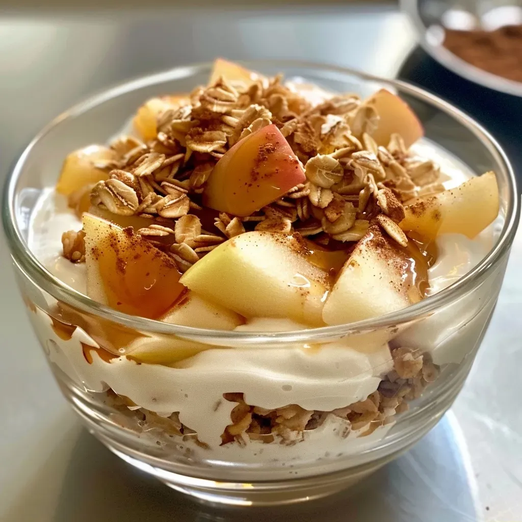 ['Close-up side view of a layered Apple Cinnamon Yogurt Parfait in a clear glass.', 'Juicy Apple Cinnamon Yogurt Parfait with granola and chopped apples visible in a glass.', 'Vibrant Apple Cinnamon Yogurt Parfait showcasing vanilla yogurt and cinnamon-spiced layers.', 'A mouthwatering Apple Cinnamon Yogurt Parfait displaying granola and fresh apple chunks.']