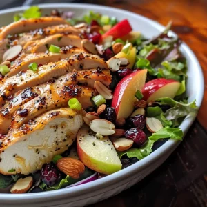 ['Close-up of a vibrant mason jar salad with apples, cranberries, and almonds.', 'Side view of a layered salad in a mason jar featuring greens, chicken, and fruits.', 'Colorful salad ingredients in a jar, showcasing apples, almonds, and mixed greens.', 'Detailed look at a healthy mason jar salad filled with chicken, apples, and cranberries.']