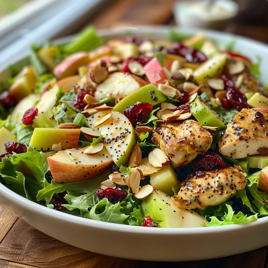 ['Close-up of a vibrant mason jar salad with apples, cranberries, and almonds.', 'Side view of a layered salad in a mason jar featuring greens, chicken, and fruits.', 'Colorful salad ingredients in a jar, showcasing apples, almonds, and mixed greens.', 'Detailed look at a healthy mason jar salad filled with chicken, apples, and cranberries.']