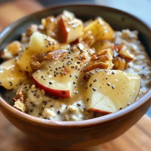 ['Close-up of Apple Pie Chia Overnight Oats in a glass jar, topped with nuts and apple pieces.', 'Side view of a creamy bowl of Apple Pie Chia Overnight Oats with diced apples and walnuts.', 'Delicious Apple Pie Chia Overnight Oats, showcasing layers of oats, chia seeds, and caramelized apples.', 'Bowl of Apple Pie Chia Overnight Oats topped with a drizzle of maple syrup and spices.']