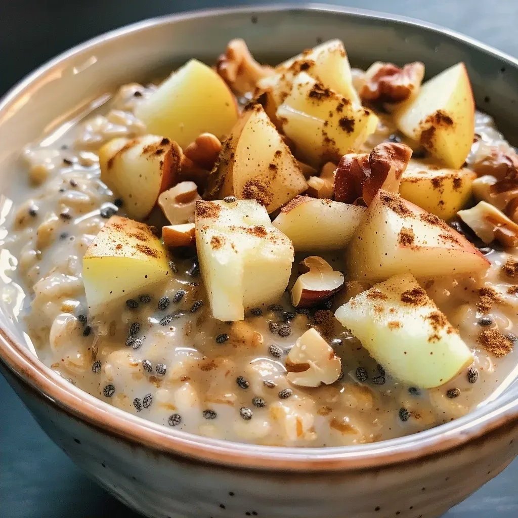 ['Close-up of Apple Pie Chia Overnight Oats in a glass jar, topped with nuts and apple pieces.', 'Side view of a creamy bowl of Apple Pie Chia Overnight Oats with diced apples and walnuts.', 'Delicious Apple Pie Chia Overnight Oats, showcasing layers of oats, chia seeds, and caramelized apples.', 'Bowl of Apple Pie Chia Overnight Oats topped with a drizzle of maple syrup and spices.']