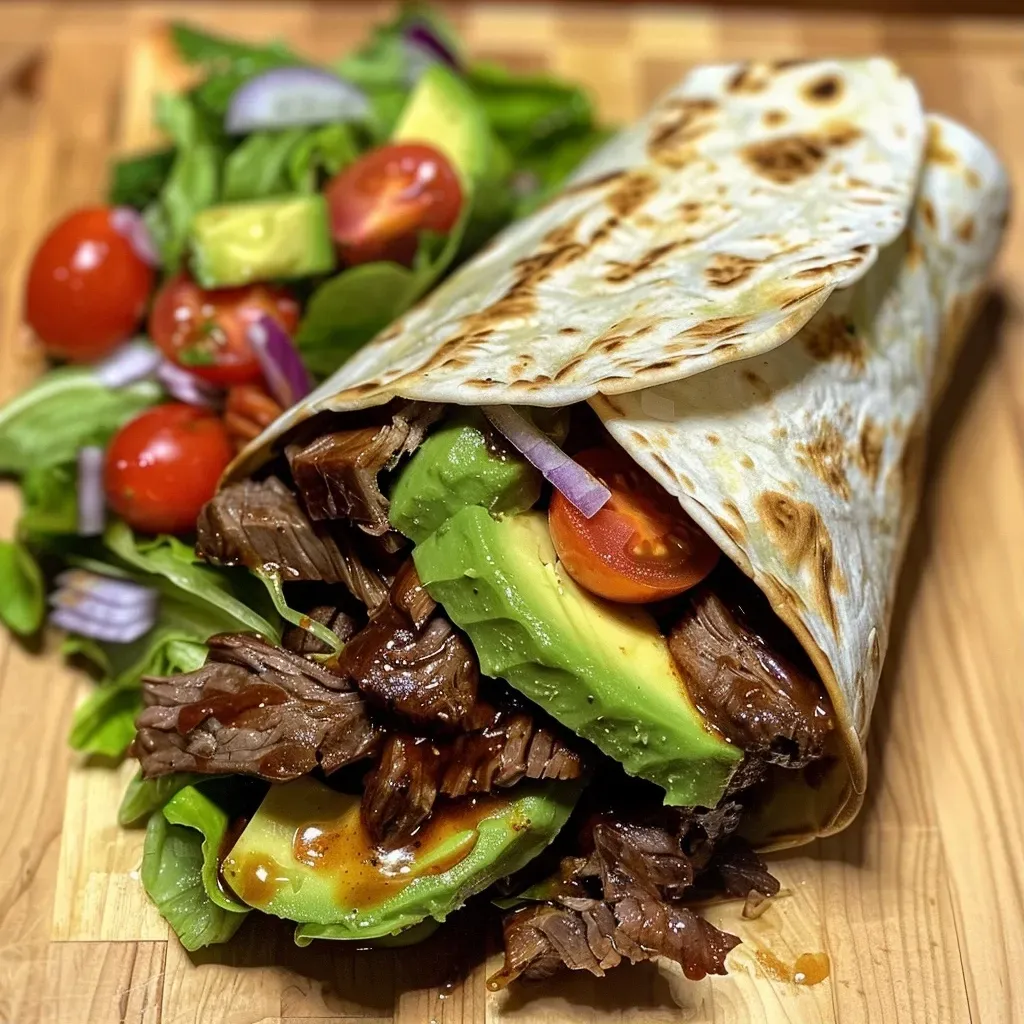 ['Close-up view of a BBQ beef and avocado wrap, showcasing juicy beef, fresh avocado slices, and vibrant veggies.', 'Side angle of a BBQ beef wrap filled with avocado, lettuce, and cherry tomatoes on a tortilla.', 'Delicious BBQ beef and avocado wrap displayed with vibrant colors and textures of the ingredients.', 'Juicy BBQ beef and avocado wrap with lettuce and red onion, presented in a close-up shot.']