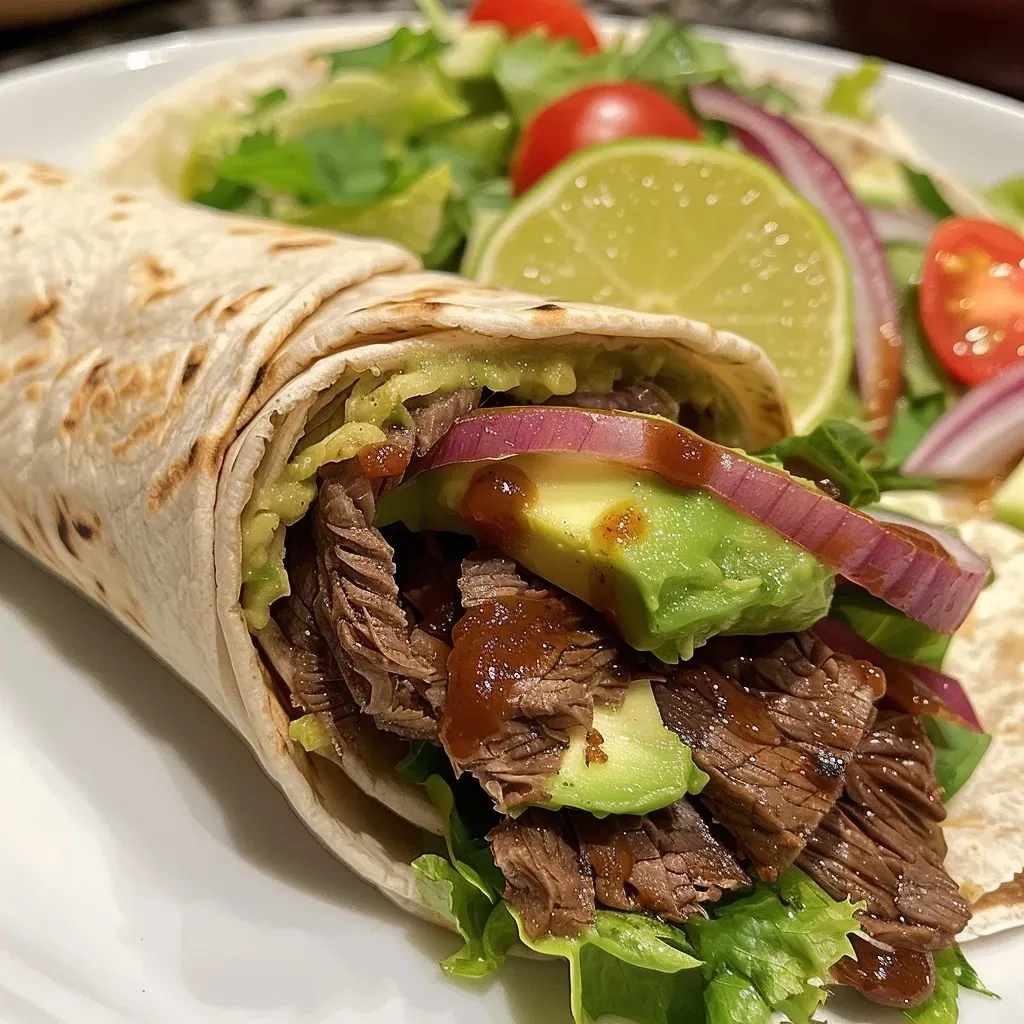 ['Close-up view of a BBQ beef and avocado wrap, showcasing juicy beef, fresh avocado slices, and vibrant veggies.', 'Side angle of a BBQ beef wrap filled with avocado, lettuce, and cherry tomatoes on a tortilla.', 'Delicious BBQ beef and avocado wrap displayed with vibrant colors and textures of the ingredients.', 'Juicy BBQ beef and avocado wrap with lettuce and red onion, presented in a close-up shot.']
