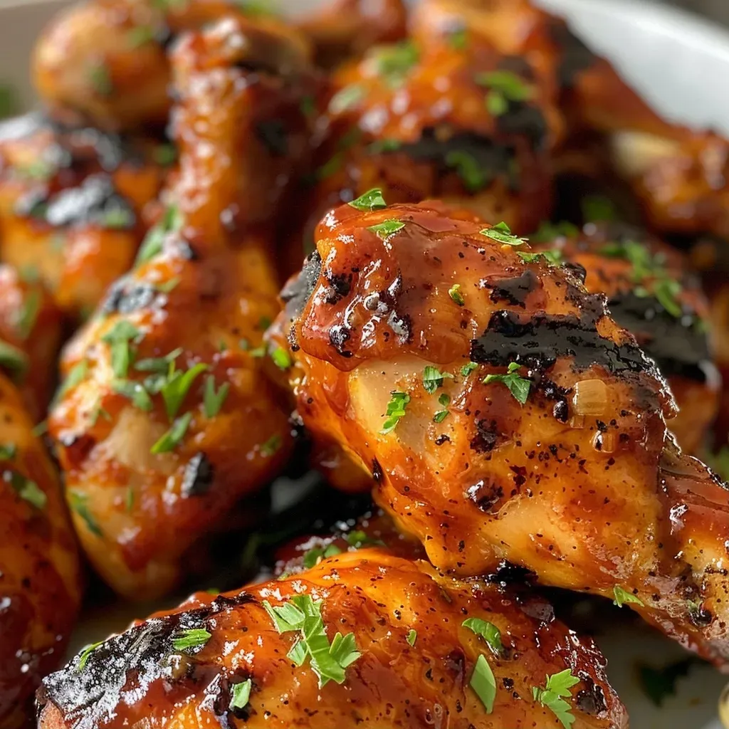 ['Juicy BBQ chicken breast cooked in an air fryer with a glazed sauce.', 'Close-up view of tender BBQ chicken from the air fryer showcasing a glossy finish.', 'Deliciously golden BBQ chicken displayed on a plate, highlighting its juicy texture.', 'Side view of air-fried BBQ chicken breast, glistening with barbecue sauce.']