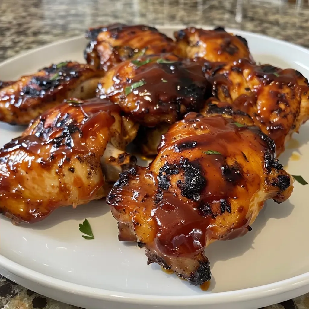 ['Juicy BBQ chicken breast cooked in an air fryer with a glazed sauce.', 'Close-up view of tender BBQ chicken from the air fryer showcasing a glossy finish.', 'Deliciously golden BBQ chicken displayed on a plate, highlighting its juicy texture.', 'Side view of air-fried BBQ chicken breast, glistening with barbecue sauce.']