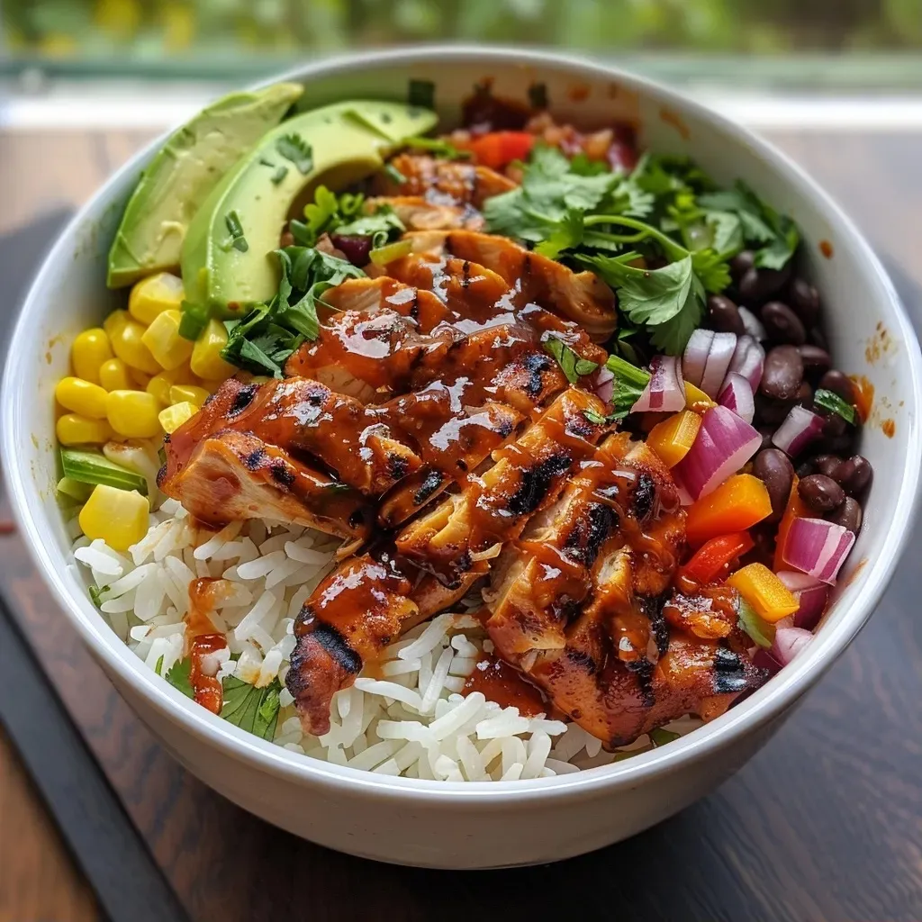 ['A close-up view of a BBQ Chicken Rice Bowl featuring colorful ingredients.', 'Juicy BBQ chicken atop a bed of rice, surrounded by vibrant vegetables.', 'Delicious BBQ Chicken Rice Bowl with avocado slices and black beans.', 'Side perspective of a healthy comfort meal with rice and BBQ chicken.']
