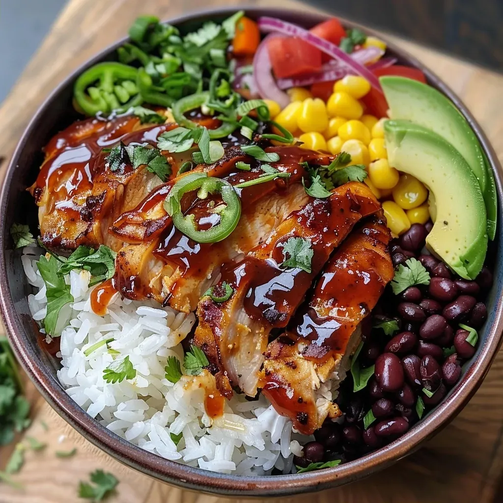 ['A close-up view of a BBQ Chicken Rice Bowl featuring colorful ingredients.', 'Juicy BBQ chicken atop a bed of rice, surrounded by vibrant vegetables.', 'Delicious BBQ Chicken Rice Bowl with avocado slices and black beans.', 'Side perspective of a healthy comfort meal with rice and BBQ chicken.']