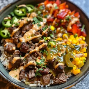 ['Close-up view of a Beef Burrito Bowl topped with creamy queso sauce and colorful vegetables.', 'Side view showcasing a delicious Beef Burrito Bowl with layers of beef, cheese, and jalapenos.', 'A hearty Beef Burrito Bowl filled with beef, queso sauce, bell peppers, and cottage cheese.', 'Juicy Beef Burrito Bowl served with vibrant toppings including sharp cheddar and pickled jalapenos.']