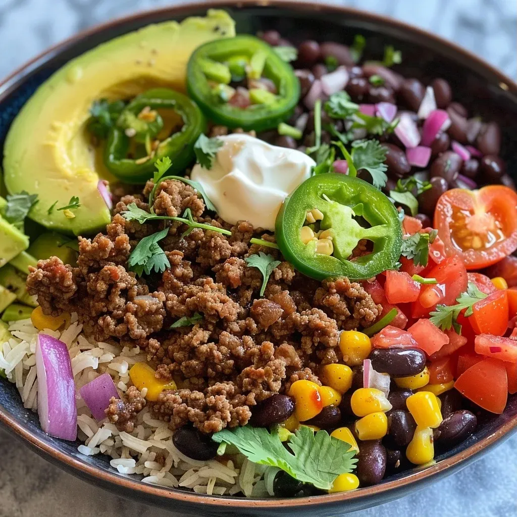 ['Close-up of a beef burrito bowl with diced sweet potatoes, ground beef, and toppings.', 'Juicy beef burrito bowl featuring colorful ingredients in a rustic bowl.', 'Side view of a hearty beef burrito bowl garnished with cilantro and sauces.', 'Delicious beef burrito bowl with vibrant colors and textures, captured on an iPhone.']