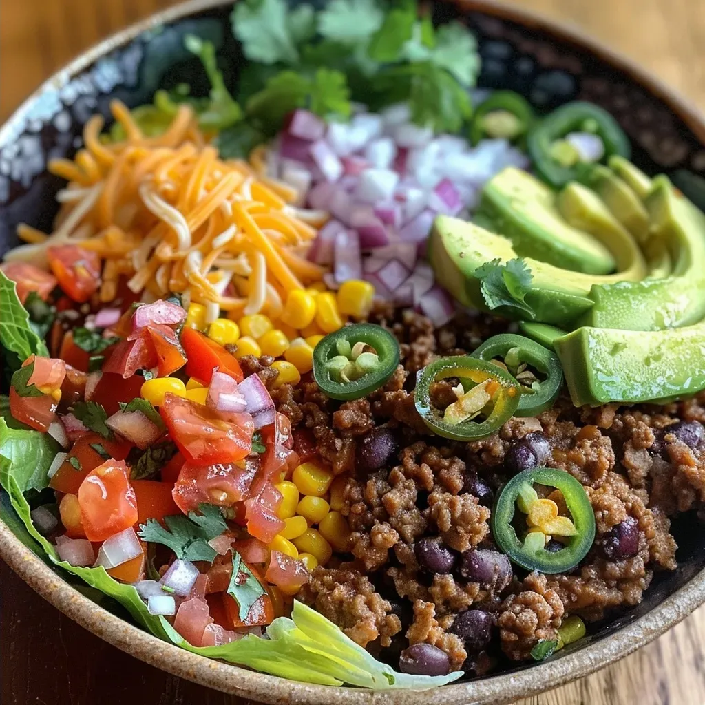 ['Close-up of a beef burrito bowl with diced sweet potatoes, ground beef, and toppings.', 'Juicy beef burrito bowl featuring colorful ingredients in a rustic bowl.', 'Side view of a hearty beef burrito bowl garnished with cilantro and sauces.', 'Delicious beef burrito bowl with vibrant colors and textures, captured on an iPhone.']