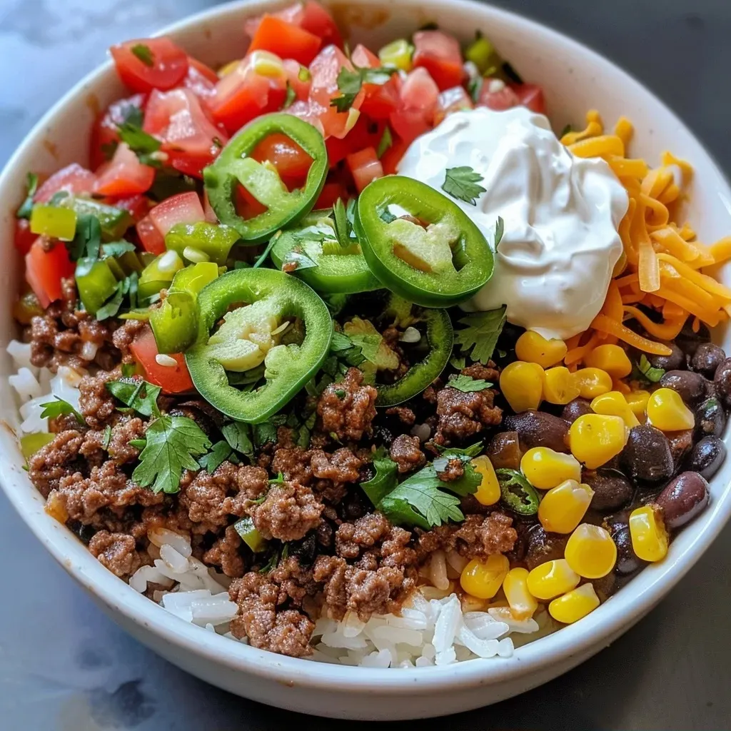 ['A close-up view of a Beef Burrito Bowl filled with ground beef, rice, and colorful toppings.', 'Side view of a Beef Burrito Bowl showcasing layers of meat, beans, and fresh vegetables.', 'Juicy Beef Burrito Bowl with shredded cheese, diced tomatoes, and jalapeños, captured in detail.', 'Detailed image of a Beef Burrito Bowl with ground beef, corn, and sour cream garnished with cilantro.']