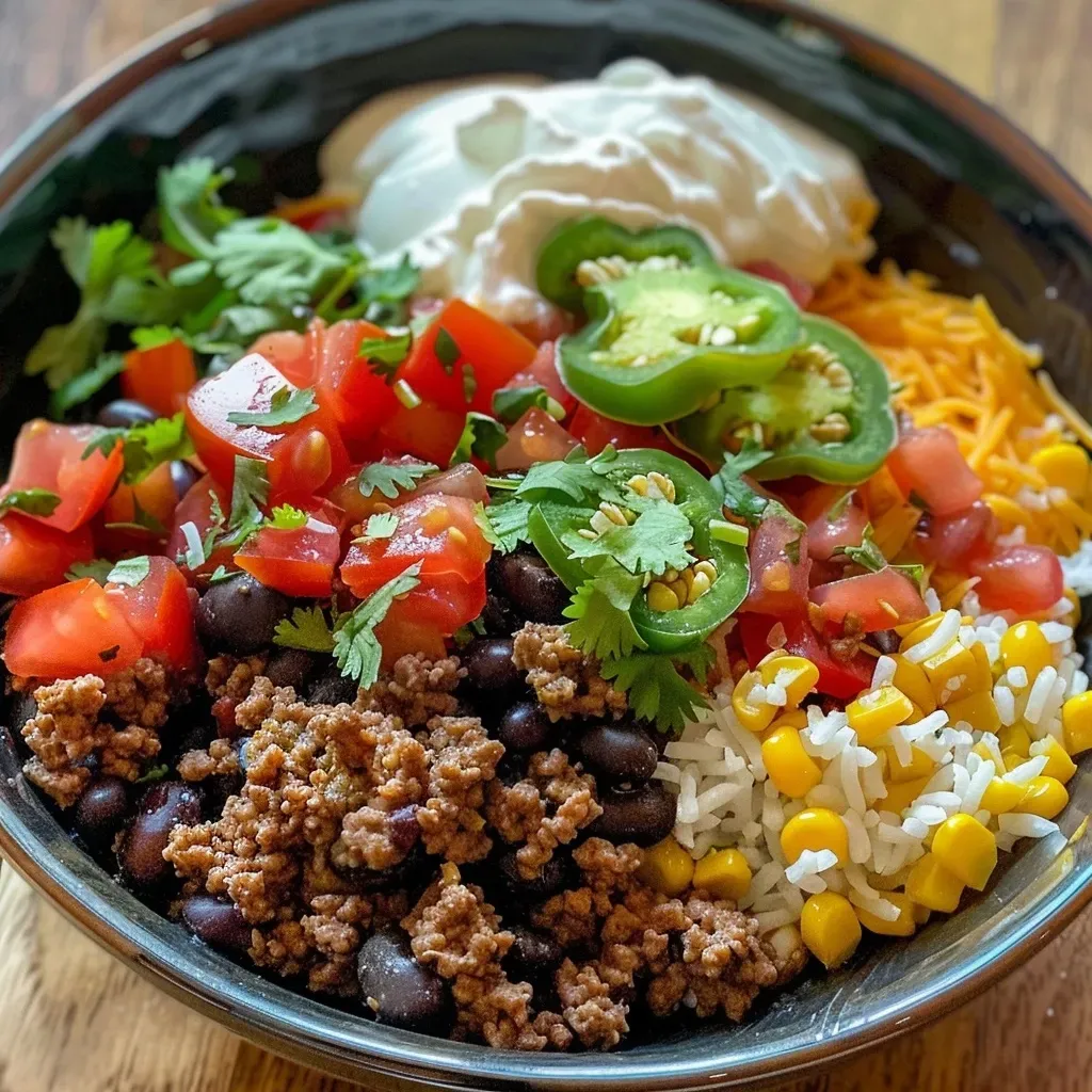['A close-up view of a Beef Burrito Bowl filled with ground beef, rice, and colorful toppings.', 'Side view of a Beef Burrito Bowl showcasing layers of meat, beans, and fresh vegetables.', 'Juicy Beef Burrito Bowl with shredded cheese, diced tomatoes, and jalapeños, captured in detail.', 'Detailed image of a Beef Burrito Bowl with ground beef, corn, and sour cream garnished with cilantro.']