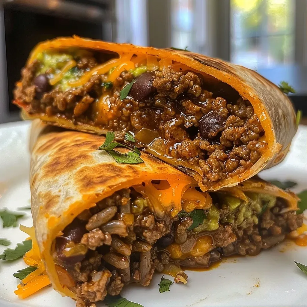 ['Close-up view of a juicy beef burrito filled with melted cheese and colorful ingredients.', 'Side view of a delicious beef burrito showcasing layers of guacamole and chipotle sauce.', 'Detailed image of a beef burrito featuring ground beef, rice, and beans wrapped in a tortilla.', 'Close-up of a beef burrito filled with a variety of fresh ingredients, highlighting its appealing textures.']