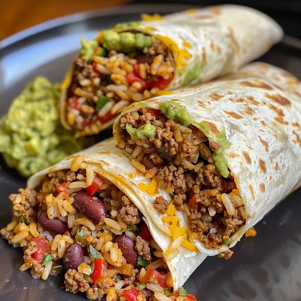 ['Close-up view of a juicy beef burrito filled with melted cheese and colorful ingredients.', 'Side view of a delicious beef burrito showcasing layers of guacamole and chipotle sauce.', 'Detailed image of a beef burrito featuring ground beef, rice, and beans wrapped in a tortilla.', 'Close-up of a beef burrito filled with a variety of fresh ingredients, highlighting its appealing textures.']