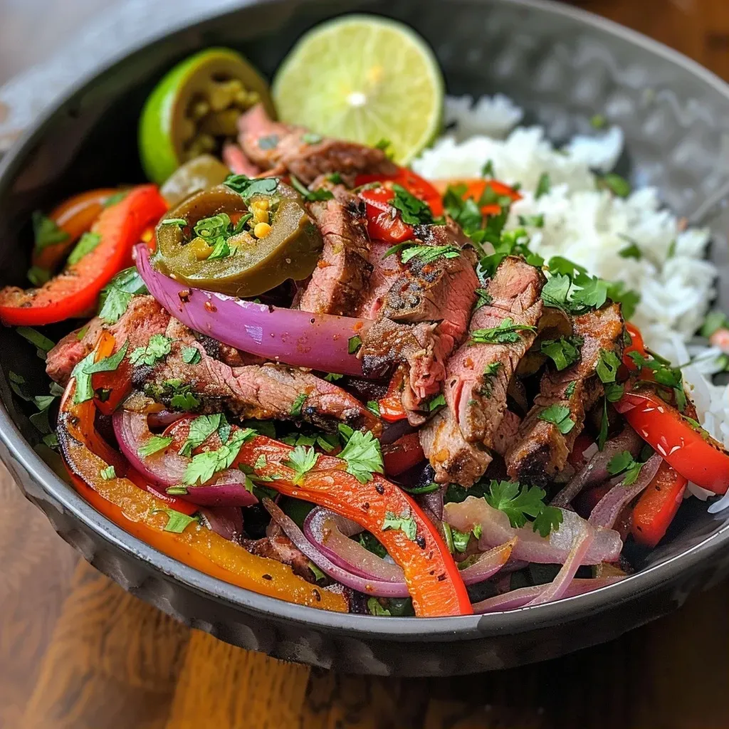 ['A side view of a vibrant Beef Fajita Bowl featuring juicy steak, colorful bell peppers, and rice.', 'Close-up of a delicious Beef Fajita Bowl with marinated skirt steak, fresh cilantro, and lime.', 'A hearty Beef Fajita Bowl showcasing tender beef, assorted peppers, and fluffy white rice.', 'A detailed shot of a Beef Fajita Bowl loaded with grilled steak, bell peppers, and a sprinkle of cilantro.']