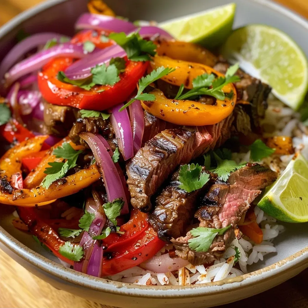 ['A side view of a vibrant Beef Fajita Bowl featuring juicy steak, colorful bell peppers, and rice.', 'Close-up of a delicious Beef Fajita Bowl with marinated skirt steak, fresh cilantro, and lime.', 'A hearty Beef Fajita Bowl showcasing tender beef, assorted peppers, and fluffy white rice.', 'A detailed shot of a Beef Fajita Bowl loaded with grilled steak, bell peppers, and a sprinkle of cilantro.']