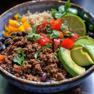 ['A close-up side view of a colorful beef quinoa bowl featuring ground beef, quinoa, avocado, and vegetables.', 'A vibrant beef quinoa bowl with diced bell peppers, black beans, and garnished with cilantro and lime wedges.', 'A hearty beef quinoa bowl filled with layers of cooked quinoa, seasoned ground beef, and fresh avocado slices.', 'A side view of a nutritious quinoa bowl showcasing sautéed beef, bright veggies, and a squeeze of lime.']