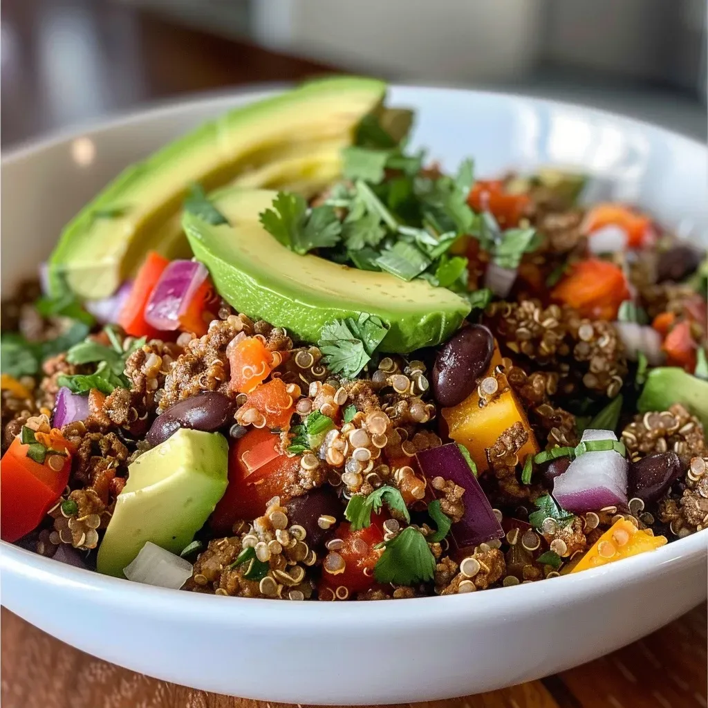 ['A close-up side view of a colorful beef quinoa bowl featuring ground beef, quinoa, avocado, and vegetables.', 'A vibrant beef quinoa bowl with diced bell peppers, black beans, and garnished with cilantro and lime wedges.', 'A hearty beef quinoa bowl filled with layers of cooked quinoa, seasoned ground beef, and fresh avocado slices.', 'A side view of a nutritious quinoa bowl showcasing sautéed beef, bright veggies, and a squeeze of lime.']