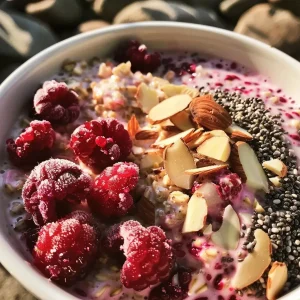 ['Close-up view of Berry Almond Overnight Oats with mixed berries and almond slivers.', 'Side view of a jar filled with Berry Almond Overnight Oats topped with fresh berries.', 'Thick overnight oats featuring almonds and vibrant mixed berries in a clear glass.', 'Delicious Berry Almond Overnight Oats showing layers of oats, almond slices, and colorful fruit.']