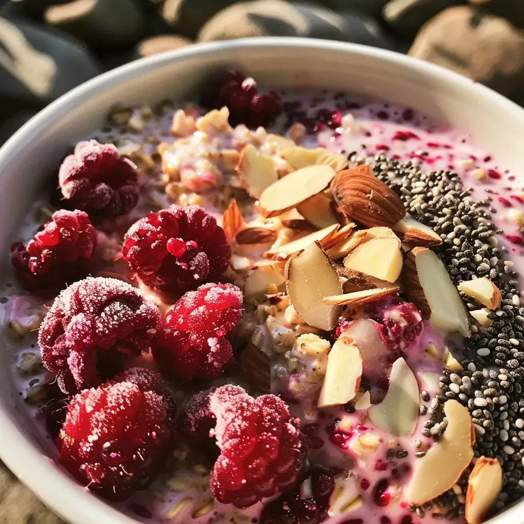 ['Close-up view of Berry Almond Overnight Oats with mixed berries and almond slivers.', 'Side view of a jar filled with Berry Almond Overnight Oats topped with fresh berries.', 'Thick overnight oats featuring almonds and vibrant mixed berries in a clear glass.', 'Delicious Berry Almond Overnight Oats showing layers of oats, almond slices, and colorful fruit.']