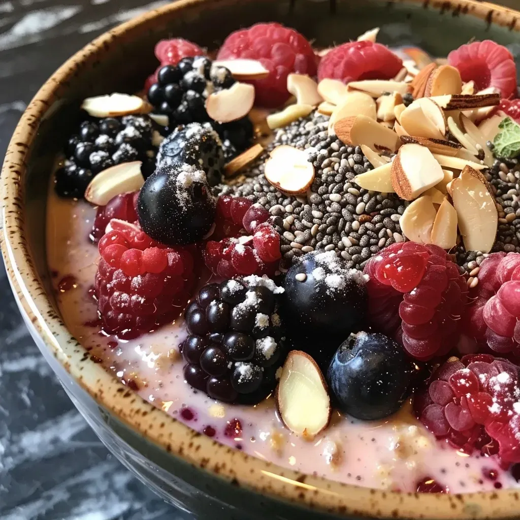 ['Close-up view of Berry Almond Overnight Oats with mixed berries and almond slivers.', 'Side view of a jar filled with Berry Almond Overnight Oats topped with fresh berries.', 'Thick overnight oats featuring almonds and vibrant mixed berries in a clear glass.', 'Delicious Berry Almond Overnight Oats showing layers of oats, almond slices, and colorful fruit.']