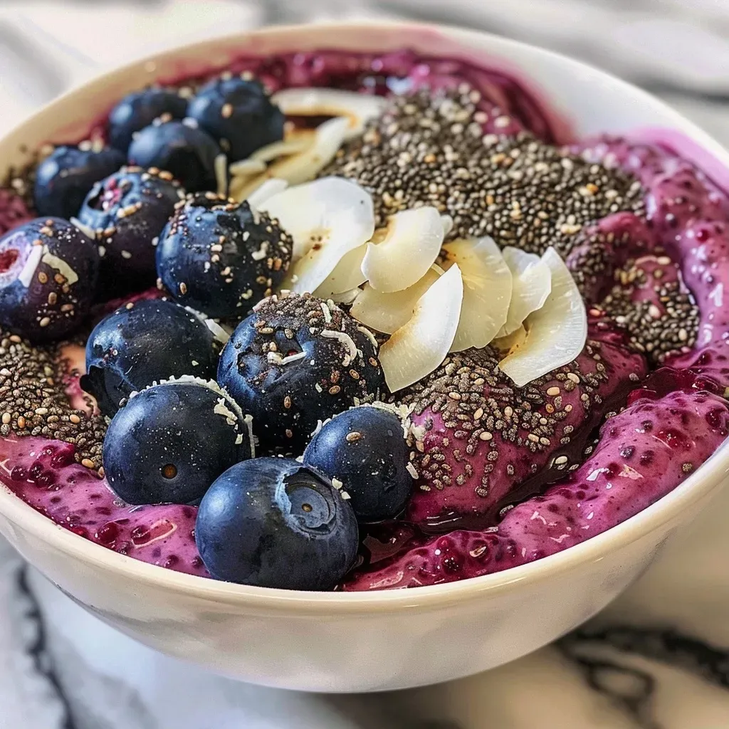 ['Close-up of creamy blueberry coconut chia pudding topped with fresh blueberries.', 'Side view of a colorful bowl of blueberry coconut chia pudding, garnished with coconut chips.', 'Juicy blueberry chia pudding in a transparent bowl, showcasing its layered texture.', 'Rich-looking chia pudding with blueberries, coconut cream, and a drizzle of honey.']