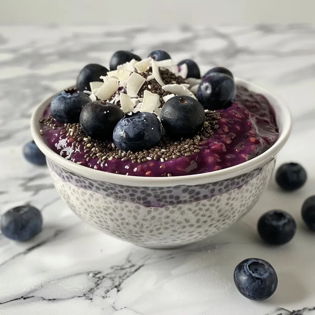 ['Close-up of creamy blueberry coconut chia pudding topped with fresh blueberries.', 'Side view of a colorful bowl of blueberry coconut chia pudding, garnished with coconut chips.', 'Juicy blueberry chia pudding in a transparent bowl, showcasing its layered texture.', 'Rich-looking chia pudding with blueberries, coconut cream, and a drizzle of honey.']