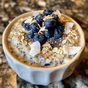 ['Close-up of a bowl of Blueberry Coconut Protein Overnight Oats with blueberries and coconut flakes.', 'Side view of a creamy bowl filled with Blueberry Coconut Protein Overnight Oats, topped with fresh blueberries.', 'Delicious Blueberry Coconut Protein Overnight Oats in a glass bowl, showing layers of oats and fruit.', 'A vibrant serving of Blueberry Coconut Protein Overnight Oats featuring blueberries and shredded coconut on top.']