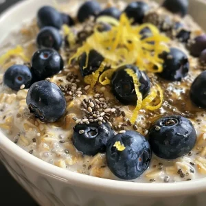 Close-up of Blueberry Lemon Overnight Oats in a glass jar with blueberries on top.