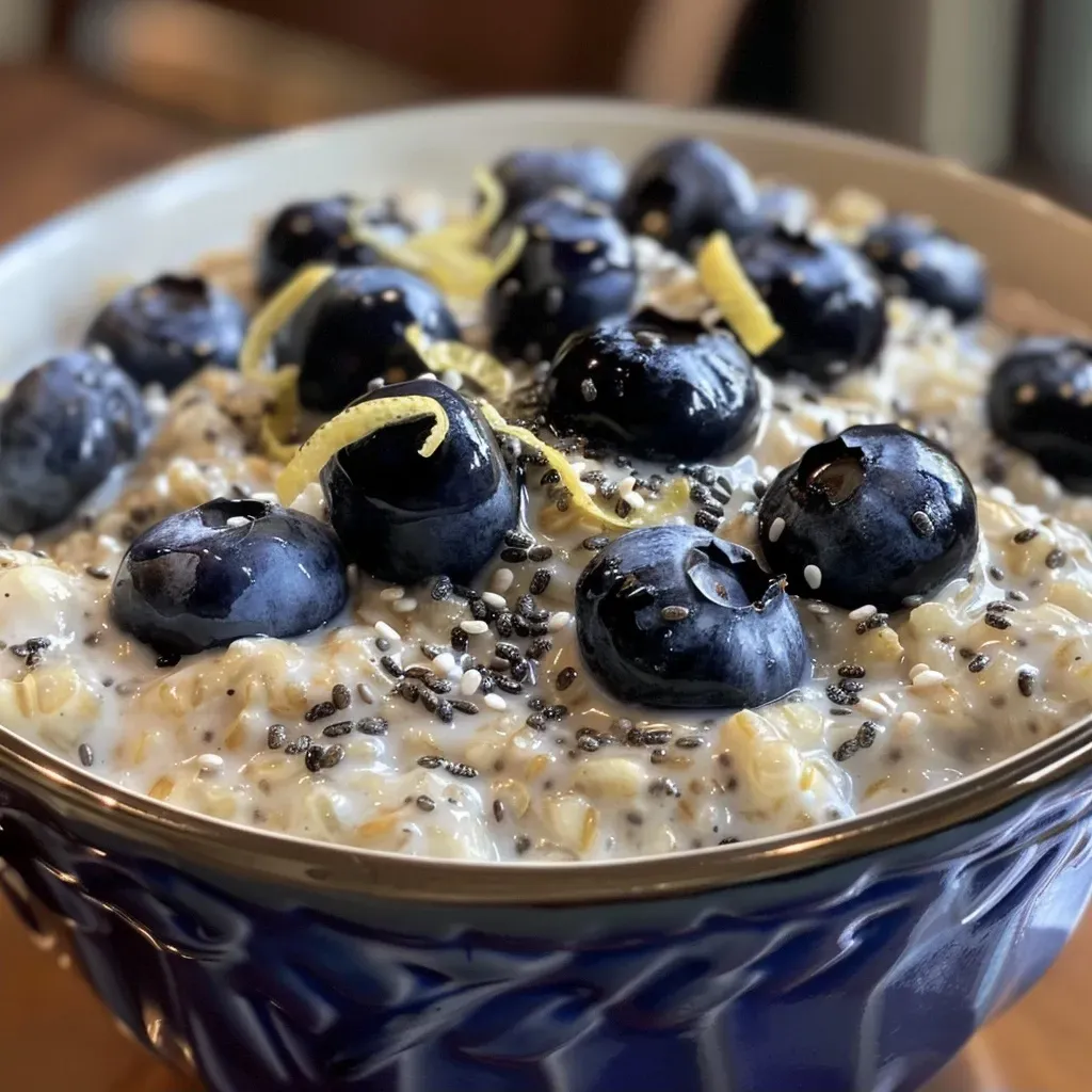 Close-up of Blueberry Lemon Overnight Oats in a glass jar with blueberries on top.