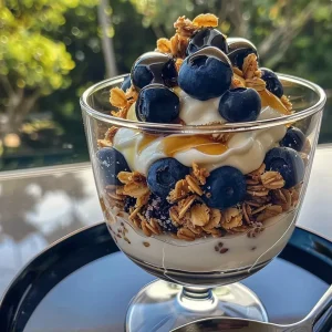 ['Close-up side view of a blueberry parfait layered with Greek yogurt, granola, and frozen blueberries.', 'Side view of a delicious blueberry parfait showcasing rich Greek yogurt, maple syrup, and crunchy granola.', 'Juicy blueberry parfait with visible layers of blueberries, yogurt, and granola in a clear glass.', 'Colorful blueberry parfait displaying frozen blueberries, creamy yogurt, and crispy granola in a detailed close-up.']