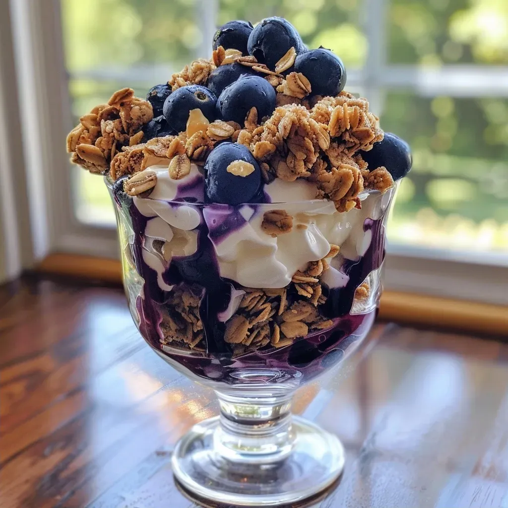 ['Close-up side view of a blueberry parfait layered with Greek yogurt, granola, and frozen blueberries.', 'Side view of a delicious blueberry parfait showcasing rich Greek yogurt, maple syrup, and crunchy granola.', 'Juicy blueberry parfait with visible layers of blueberries, yogurt, and granola in a clear glass.', 'Colorful blueberry parfait displaying frozen blueberries, creamy yogurt, and crispy granola in a detailed close-up.']