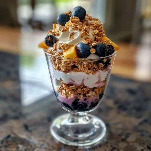 ['Close-up of a delicious blueberry peach parfait in a glass, showcasing layers of yogurt, granola, blueberries, and chopped peach.', 'Side view of a creamy parfait with vibrant blueberries and peach chunks, served in a clear container.', 'Juicy blueberry peach parfait layered with Greek yogurt and granola, captured in a natural light setting.', 'Fresh dessert featuring blueberries and peaches layered with yogurt and granola, highlighting colorful ingredients.']