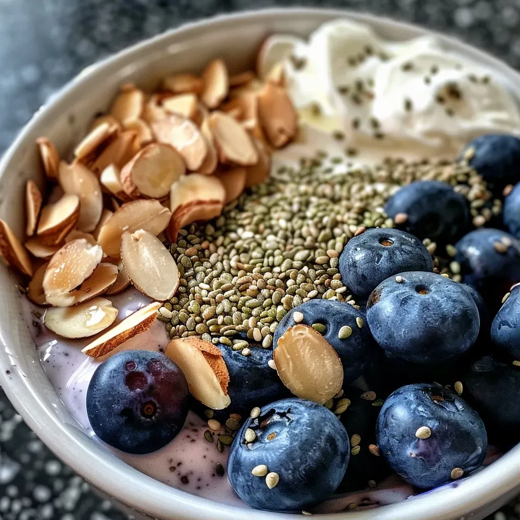 ['A vibrant close-up of a blueberry protein bowl filled with Greek yogurt, blueberries, and toppings.', 'Side view of a colorful protein bowl showcasing layers of yogurt and fresh blueberries with toppings.', 'A detailed image of a blueberry protein bowl garnished with hemp seeds, almonds, and a drizzle of honey.', 'Close-up of a healthy protein bowl featuring rich Greek yogurt, fresh blueberries, and sprinkled toppings.']
