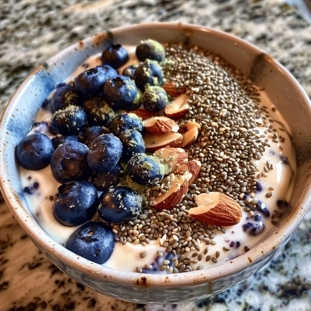 ['A vibrant close-up of a blueberry protein bowl filled with Greek yogurt, blueberries, and toppings.', 'Side view of a colorful protein bowl showcasing layers of yogurt and fresh blueberries with toppings.', 'A detailed image of a blueberry protein bowl garnished with hemp seeds, almonds, and a drizzle of honey.', 'Close-up of a healthy protein bowl featuring rich Greek yogurt, fresh blueberries, and sprinkled toppings.']