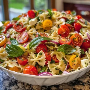 ['Close-up of a vibrant bow tie pasta salad with cherry tomatoes and bocconcini cheese.', 'Side view of a colorful bow tie pasta salad featuring spinach and red onion.', 'Juicy bow tie pasta salad with fresh ingredients like basil and pesto drizzled on top.', 'Detailed shot of a bowl filled with bow tie pasta salad garnished with lemon slices.']