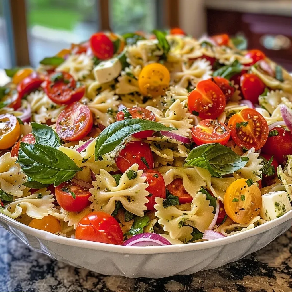 ['Close-up of a vibrant bow tie pasta salad with cherry tomatoes and bocconcini cheese.', 'Side view of a colorful bow tie pasta salad featuring spinach and red onion.', 'Juicy bow tie pasta salad with fresh ingredients like basil and pesto drizzled on top.', 'Detailed shot of a bowl filled with bow tie pasta salad garnished with lemon slices.']