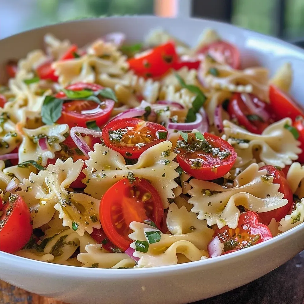 ['Close-up of a vibrant bow tie pasta salad with cherry tomatoes and bocconcini cheese.', 'Side view of a colorful bow tie pasta salad featuring spinach and red onion.', 'Juicy bow tie pasta salad with fresh ingredients like basil and pesto drizzled on top.', 'Detailed shot of a bowl filled with bow tie pasta salad garnished with lemon slices.']