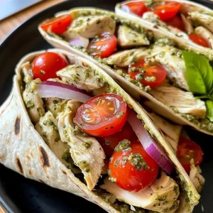 ['Close-up view of Bruschetta Chicken Pesto Wraps filled with colorful ingredients.', 'Side view of a juicy Bruschetta Chicken Pesto Wrap showcasing layers of chicken, pesto, and tomatoes.', 'Detailed image of a Bruschetta Chicken Pesto Wrap with visible layers of cheese, chicken, and fresh basil.', 'Vibrant Bruschetta Chicken Pesto Wraps arranged on a plate, highlighting fresh tomatoes and herbs.']